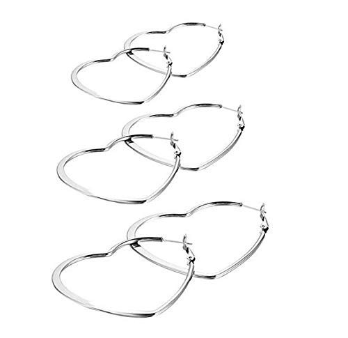 JewelryWe Schmuck 3 Paare Damen Ohrringe Edelstahl große Creolen Liebe Herz Ohrschmuck Ohrstecker, Silber, 35/46/55mm