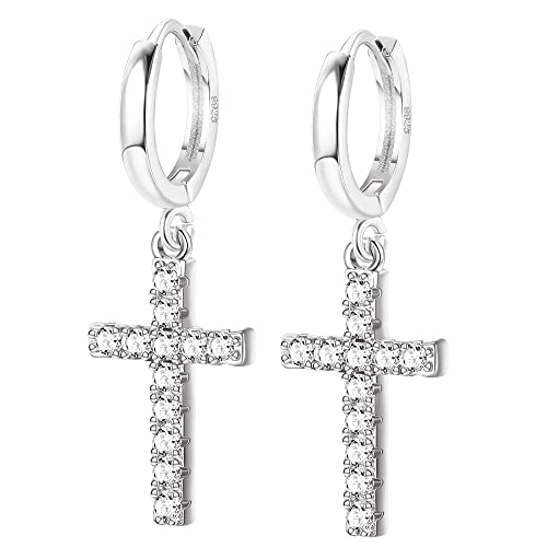 Finrezio 925 Sterling Silber Kreuz Ohrringe Damen Herren Österreich Kristall Kreuz Huiggie Creolen Ohrringe zum Jubiläum Valentinstag