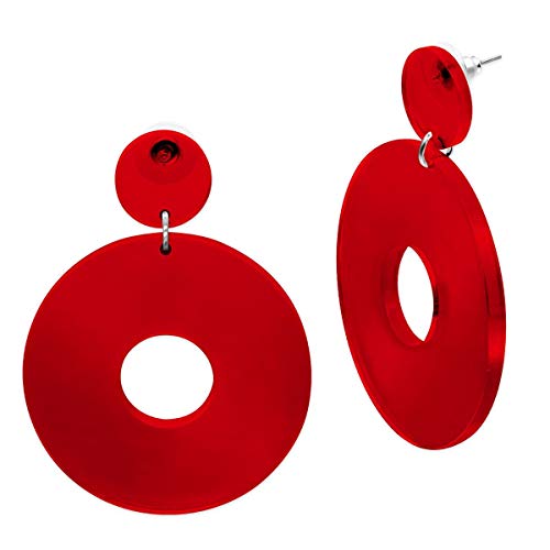 SoulCats® 1 Paar Statement Ohrhänger Creolen im Retro Style der 80er Jahre für Damen in rot-transparent